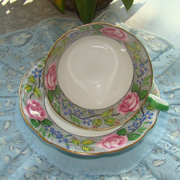 Aynsley Vintage Tea Cup and Saucer - Bone China England - Blue Flowers and Pink Cabbage Roses on a Grey Band with Green Trim