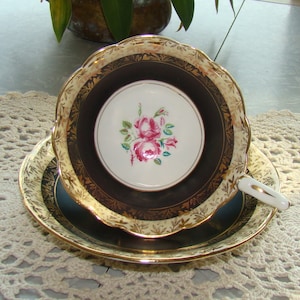 Royal Stafford - Bone China Vintage Tea Cup and Saucer - Black Band, Floral Center, Gold Chintz and Trim