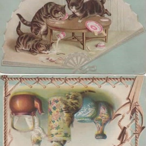 Set of 2 Woolson Spice Co. Meditation advertising Trading cards 1890s featuring cats