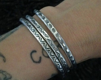 3 Stamped Sterling Stacker Cuffs- Geometric Design- Set of 3