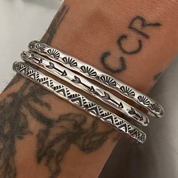 Set of 3 Stamped Sterling Stacker Cuffs- Arrows, Suns, and Triangles design- 3 Silver Cuff Bracelets