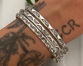 Set of 3 Stamped Sterling Stacker Cuffs- Sun, Moon, and Pyramids design- 3 Silver Cuff Bracelets