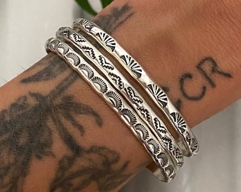 Set of 3 Stamped Sterling Stacker Cuffs- Sun, Moon, and Pyramids design- 3 Silver Cuff Bracelets