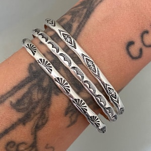 New Designs! Set of 3 Stamped Sterling Stacker Cuffs- Diamonds, Arches, Rays motif- 3 Silver Cuff Bracelets