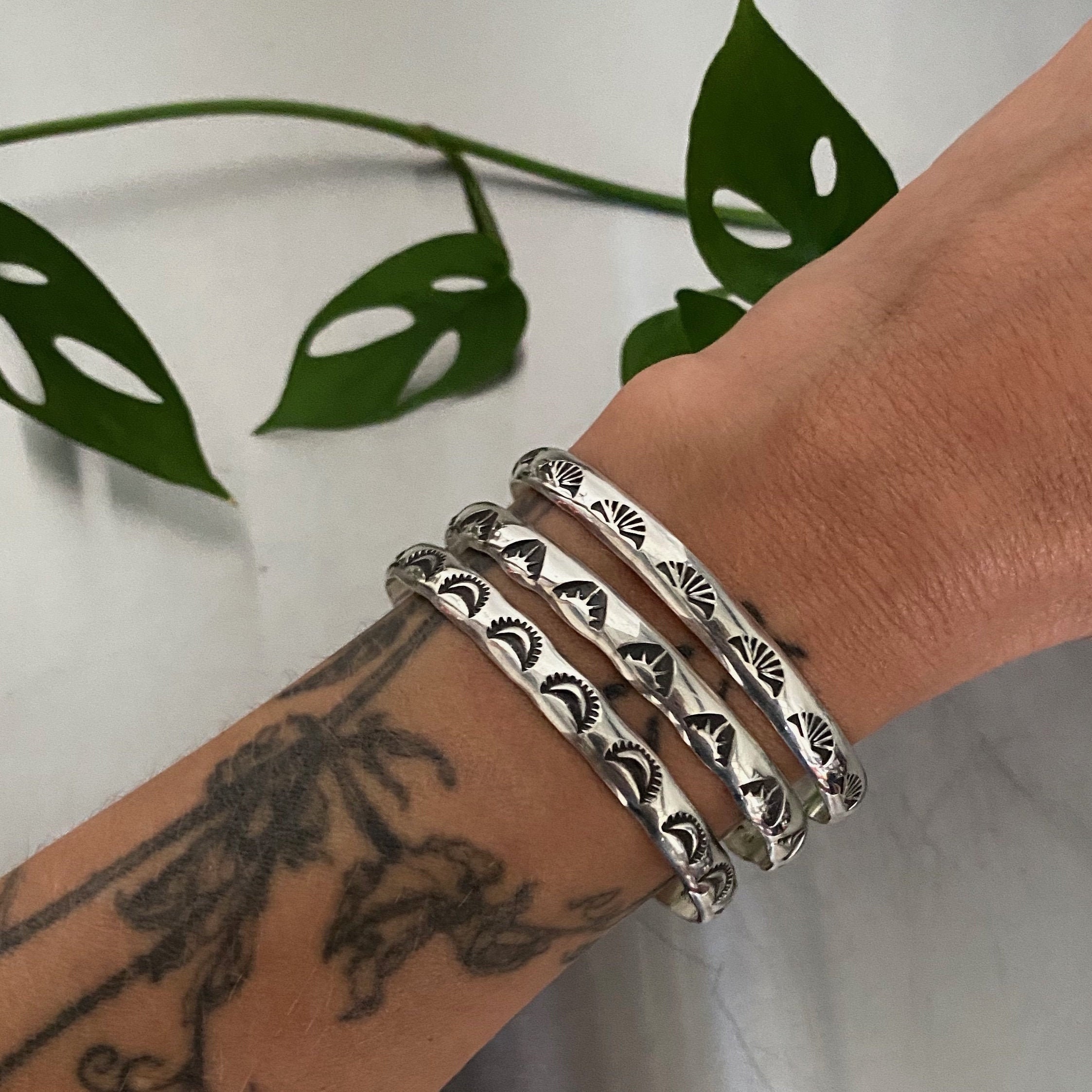 Set of 3 Wide Sterling Cuff Bracelets- Sun, Burst, Crescent Motif. Hand Stamped Silver Stacker Cuffs