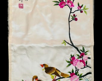 Vintage Chinese Silk Xiangxiu Hunan Padded Huaniao Birds & Plum Tree Embroidery Calligraphy Textile Panel