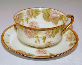 HAVILAND FRANCE LIMOGES Schleiger #79d Taza de café pintada a mano y 2 platillos