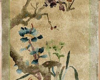 Antique Chinese Helen Fette-Li Peking Nichols Art Deco Silk Hand Knotted Pictorial Rug 37.25"x18.25"