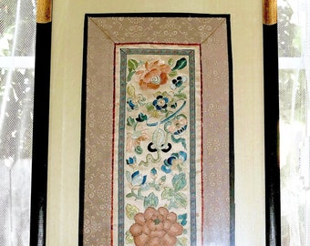 Lt. Qing Chinese Embroidered Sleeve Band Textile Panel Forbidden Stitch Framed w/Glass #2