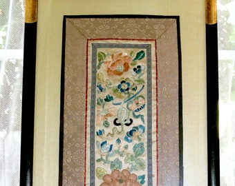 Lt. Qing Chinese Embroidered Sleeve Band Textile Panel Forbidden Stitch Framed w/Glass