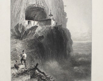 May include: A black and white engraving of a small chapel built into a cliffside. The chapel is called "The Wildkirchlein, or Hermitage" and is located in the Canton of Appenzel.