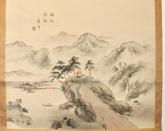 Showa japonés Ukiyo-E 浮世絵 pintado a mano paisaje montañas del río barco Tosa escuela pergamino Kakejiku firmado sello rojo