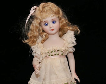 Vintage German? " Miniature All Bisque Glass Eyes Jointed Hand Painted Doll Marked "0" Pink Crocheted Dress
