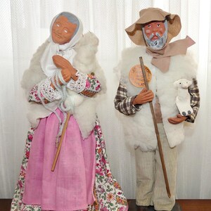 Vintage French Santon De Provence HP Terracotta Couple Shepherd Man and Woman Signed by Yolande + Authentic Badge