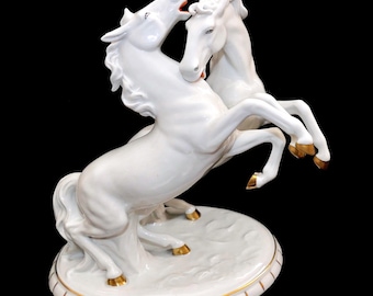 Antique Schaubach Kunst German Fighting Stallions Blanc Porcelain Large Figurine
