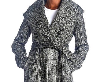 Donna Karan New York Black Label Size 14 Tweed Wool Blend Coat Shawl Collar