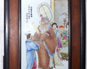 Antique Chinese Famille Rose Hand Painted Porcelain Tile Scenic Panel Plaque With Characters Script Seals Framed