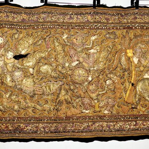 1930s KALAGA Burmese Myanmar High Relief Padded Embroidered Golden Ramayana Mythological Scene Large Tapestry image 2