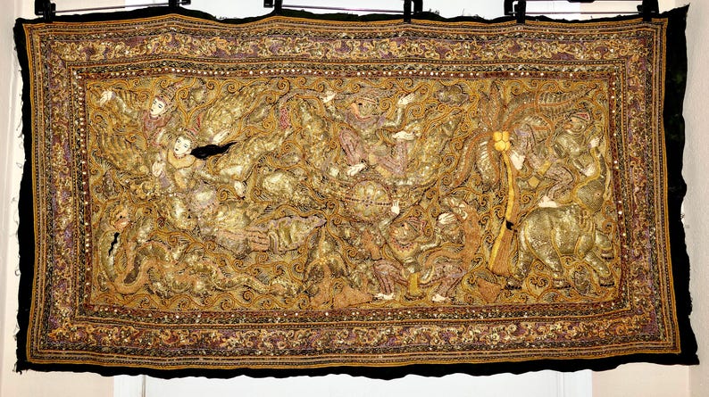 1930s KALAGA Burmese Myanmar High Relief Padded Embroidered Golden Ramayana Mythological Scene Large Tapestry image 2