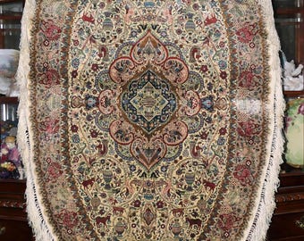 Antique Oriental Silk Kashmiri Hand Knotted Hunting Animals Oval Rug Carpet 5&#39;11&quot; x 3&#39;.8&quot;