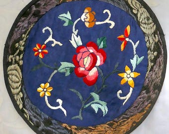 Republic Era Chinese Embroidery Cobalt Blue Silk Peony Florals 8"D Round Panel