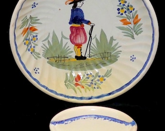 1920s HenRiot Quimper France PAIR Mistral Blue Breton Man Lady Octagon 8" Plates