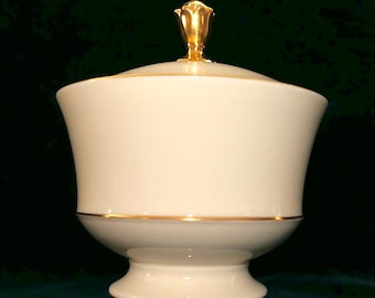 Lenox Lyric Collection Ivory China Lidded Footed Candy Bowl Jar, 24K Gold Trim, Discontinued