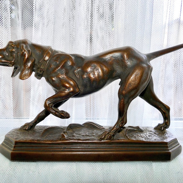 ALFRED BARYE (FRENCH, 1839-1882) Signed Bronze Sculpture Of A Hound Hunting Dog