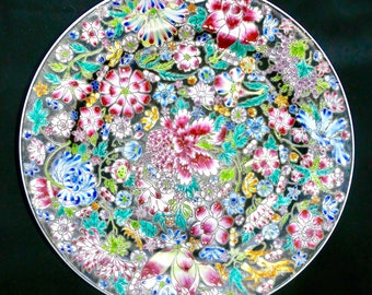 Antigo vintage chinês pintado à mão exportação porcelana preta família rosa noire alívio millefiori placa 10 &quot;era da república