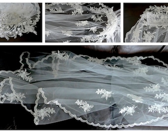 Vintage Wedding Veil Crown/Headband Tambour Lace Appliques Faux Pearls 2 Layers White 56" Long