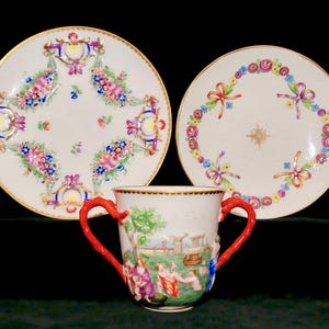 1890s CAPODIMONTE Ginori High Bas Relief Cherubs Putti Hand Painted 2-Handle Cup + Footed Saucer & Plate
