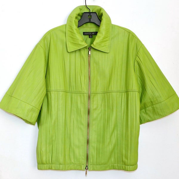 Lafayette 148 New York Taille 16 Lime Green Textured Leather Short Sleeve Zip Jacket