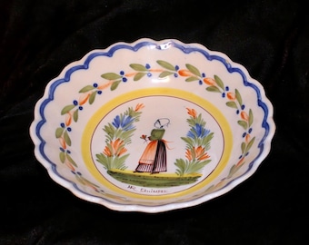Cuenco festoneado azul Mistral Petit Breton de 1904, de Quimper, pintado a mano, de loza pintada a mano, de 19 cm