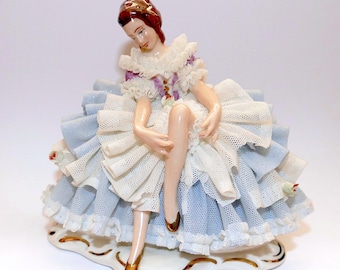 Antique Vintage German Dresden Lace Ballerina Hand Painted Porcelain Figurine