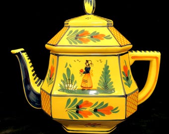Vintage HB HenRiot Quimper France Soleil Yellow Large Octagonal Teapot With Lid Breton Woman