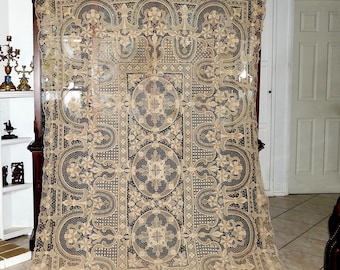Mantel veneciano antiguo de encaje de aguja, color crudo, hecho a mano, de 274 x 167 cm