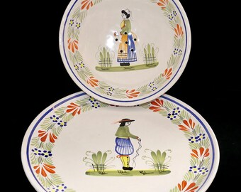 HB HenRiot Quimper Francia Colador de loza Cuenco con pie y plato Juego Mistral Azul Bretón Hombre Mujer A La Touche
