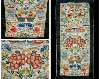 Antique Chinese Embroidered Peonies (Forbidden Stitch) Flowers Vases Fruit Sleeve Bands Textile Panel Kesi Border