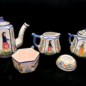 c.1922 HenRiot Quimper Mistral Blue Bol Breton A La Tauche Hexagon 5-Piece Tea Coffee Set