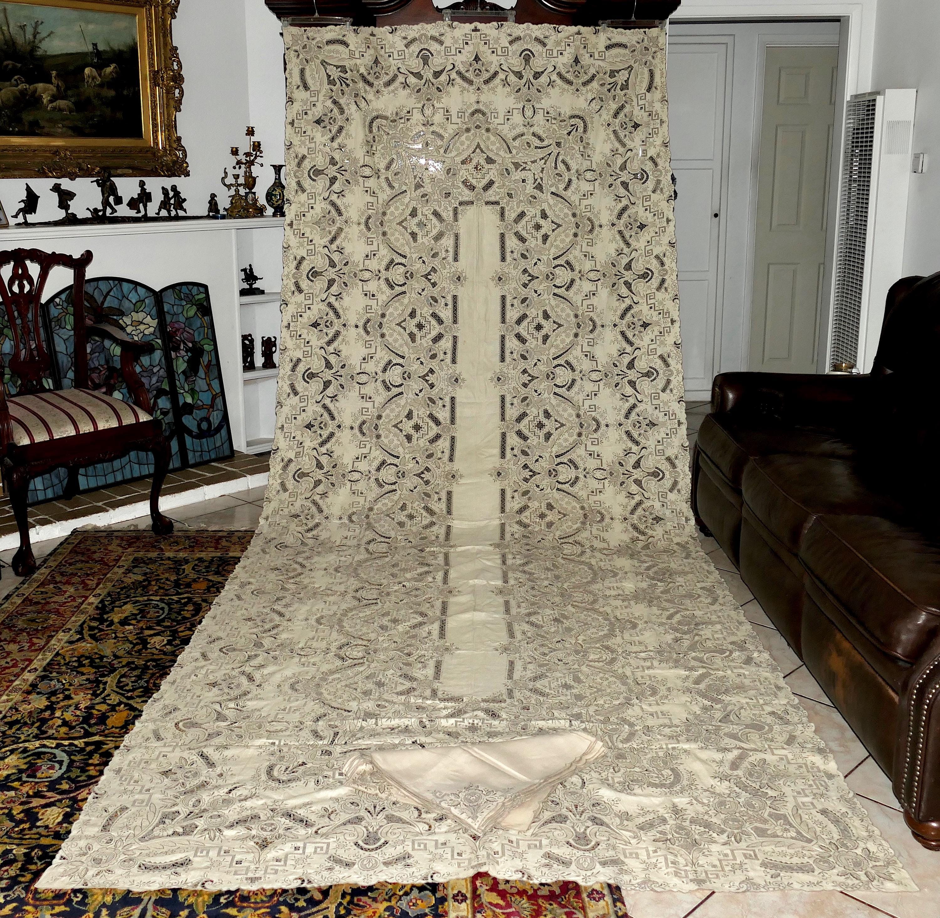Antique CHINESE CHEE FOO Heavy Hand Embroidered Ecru Linen Banquette Tablecloth 170"x67"+18 Matching Napkins
