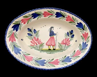 HB Quimper France Fayenza Oval Bowl Petit Breton Man en Mistral Blue A La Touche 10.5"L