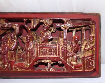 Lt.Qing Chinese Hand Carved Red Gold-Gilt High Relief Temple Scene Horses Large Heavy Wood Panel Plaque
