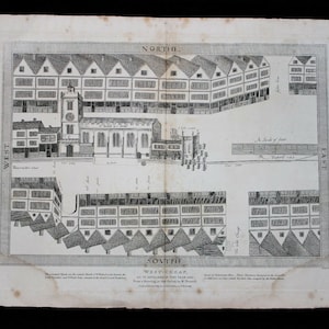 May include: A black and white engraving of a map of Westcheap, as it appeared in the year 1598. The map shows the layout of buildings and streets in the area, including the church of St. Mary le Bow.