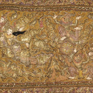 May include: An ornate textile featuring a detailed, golden design with figures in traditional attire. The artwork incorporates intricate patterns, sequins, and a variety of colors, including gold, brown, and purple. The overall theme suggests a cultural or historical narrative.