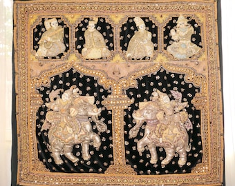 1920-1950s Kalaga Burmese Myanmar KINNARA Half Human Half Bird & THAMAN-CHAH Large Relief Tapestry
