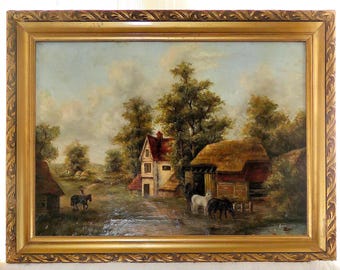 Peinture à l'huile pastorale britannique de l'école anglaise du XIXe siècle Chevaux, grange de cottage anglais Attrib. Charles Vickers (1821-1895)