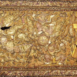 1930s KALAGA Burmese Myanmar High Relief Padded Embroidered Golden Ramayana Mythological Scene Large Tapestry image 1