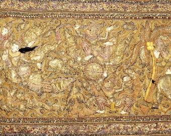 Vintage Burmese Kalaga Tapestry: Embroidered Ramayana Wall Art (H