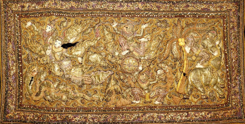 1930s KALAGA Burmese Myanmar High Relief Padded Embroidered Golden Ramayana Mythological Scene Large Tapestry image 1