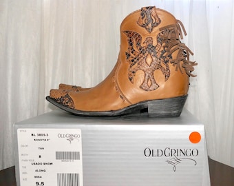 OLD GRINGO 9.5 SONOYA 6" Ankle Boots Python-Embossed Eagle Inlays Fringes Studs